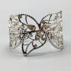 Silver Leaf Filigree Cuff Bracelet w/ 14K Gold Detail Cubic  Zirconia